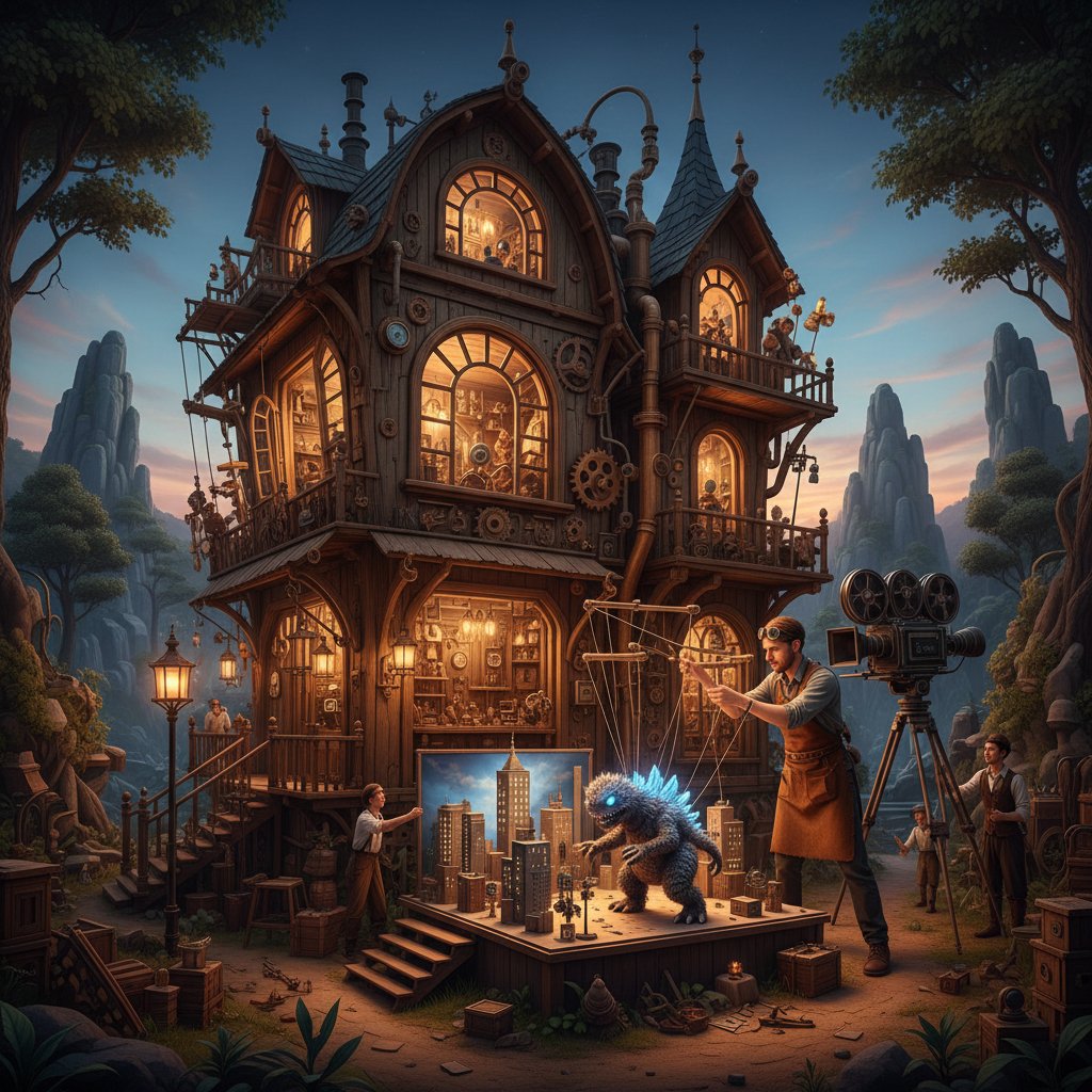 Puppeteers building a tiny movie monster on set