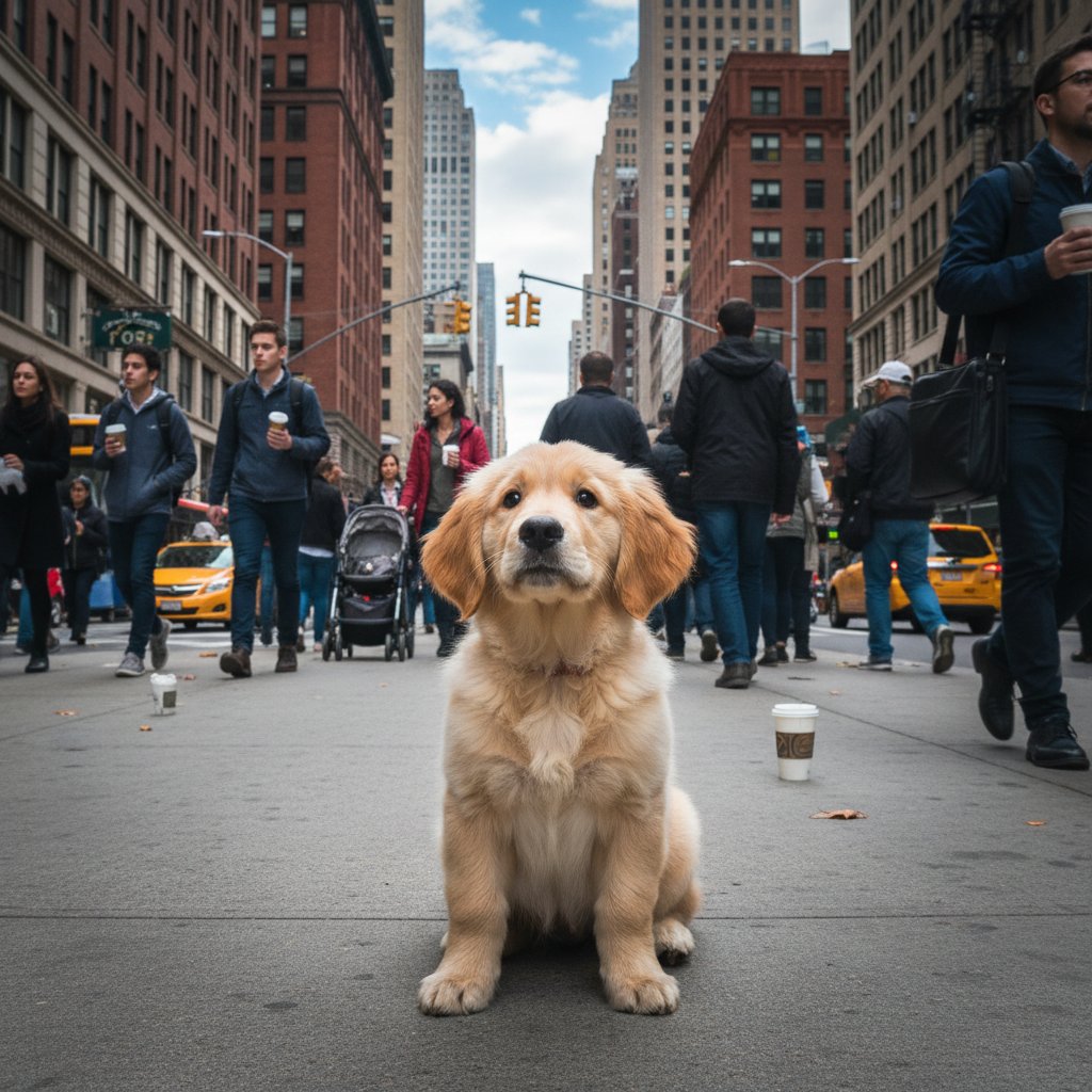Szczeniak na miejskim chodniku, edukacja w zatłoczonym środowisku