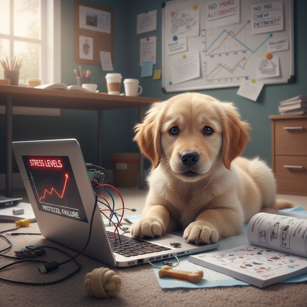 Szczeniak zestresowany przed ekranem laptopa, wirtualne szkolenie nie zawsze skuteczne