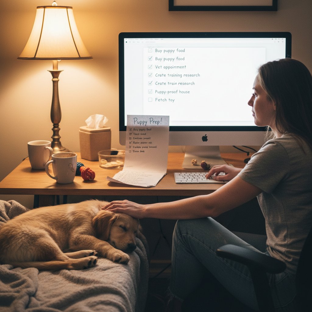 Szczeniak z właścicielem przy komputerze, checklist przed pierwszym kursem online