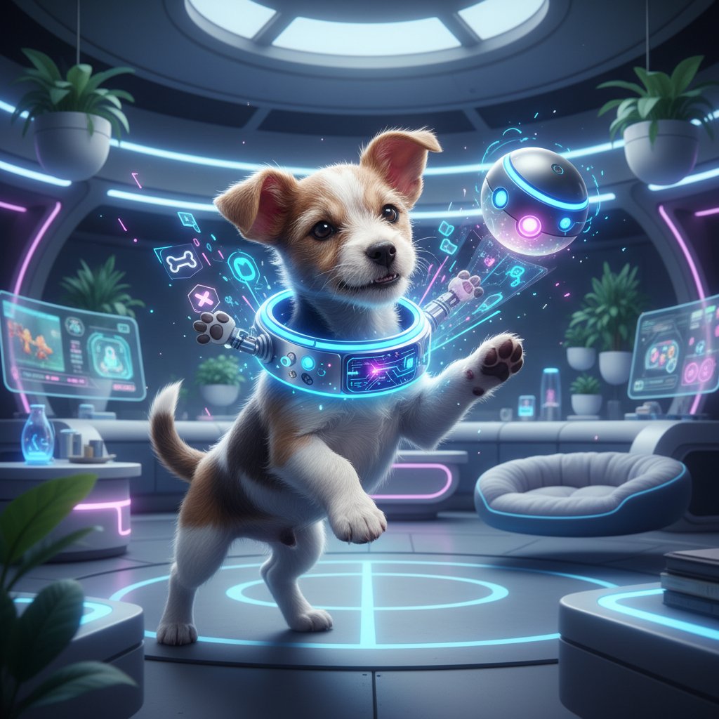 Szczeniak w inteligentnej obroży w otoczeniu futurystycznych gadżetów – buntowniczy klimat