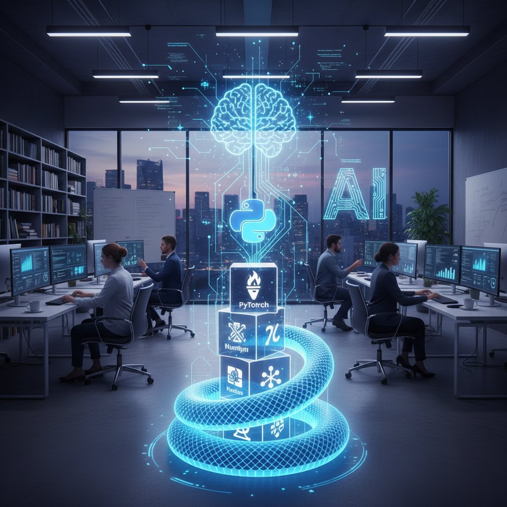 Zbliżenie na ekran z otwartymi bibliotekami Python do AI na tle biura