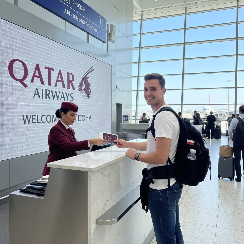Nowoczesna odprawa na lotnisku w Warszawie do lotu Qatar Airways, dynamiczna scena z podróżnymi