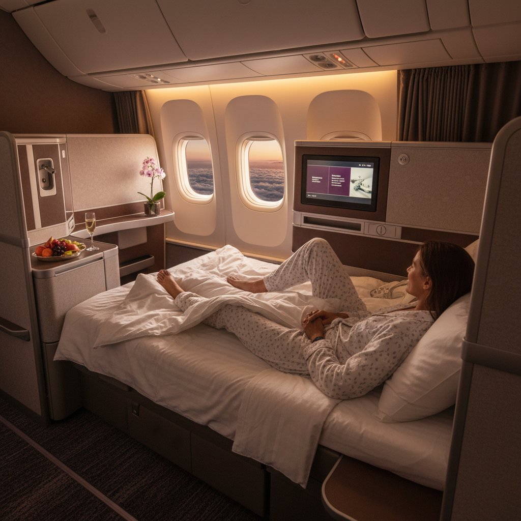 Elegancka kabina biznesowa Qatar Airways z widocznym komfortem – pasażer w relaksującej pozycji