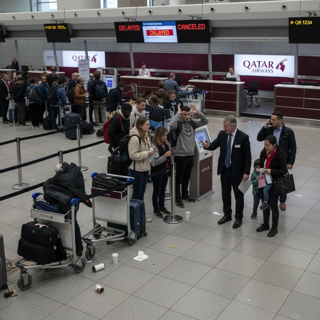 Zdezorientowany pasażer przy stanowisku obsługi klienta Qatar Airways na lotnisku, z wyraźną frustracją
