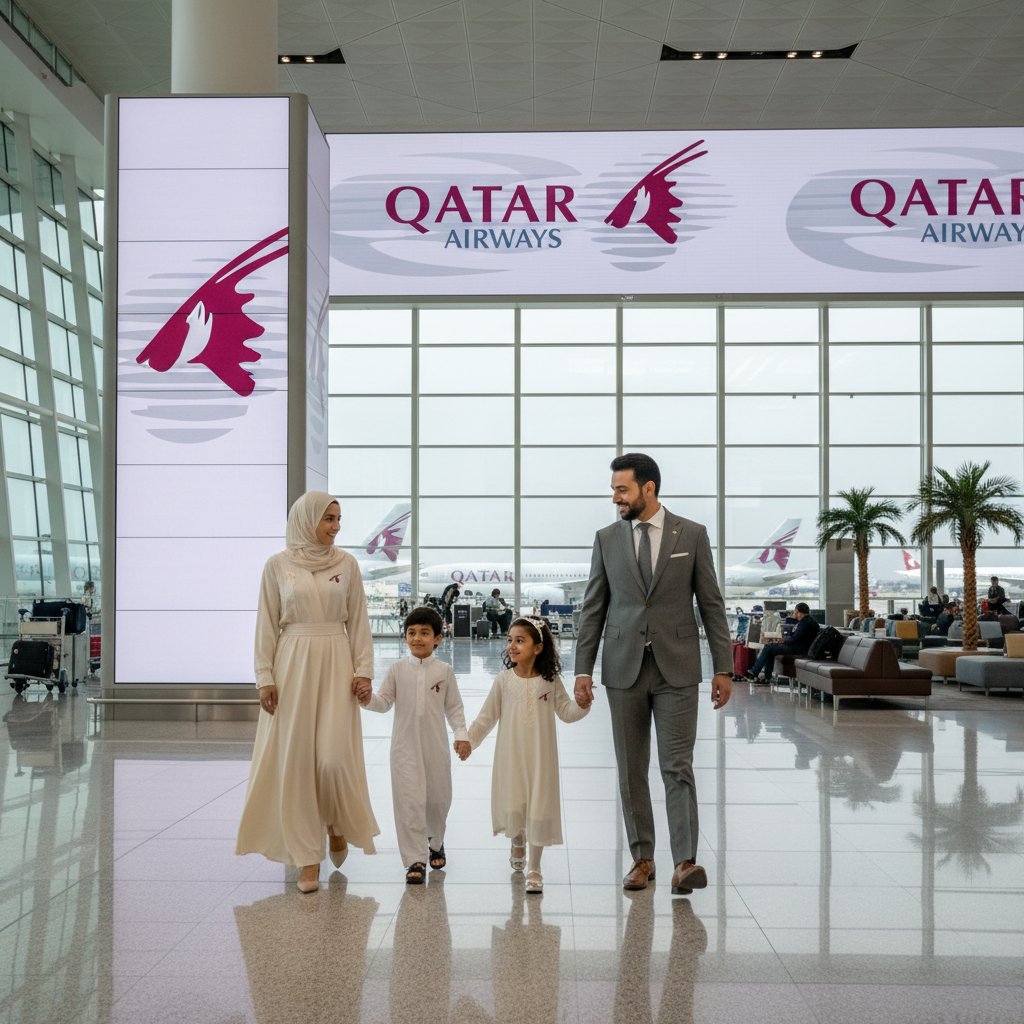 Rodzina z dziećmi odpoczywająca w terminalu Qatar Airways, dzieci bawią się zabawkami podróżnymi