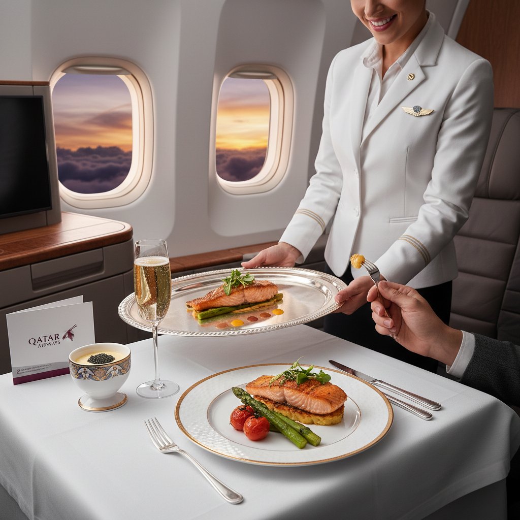 Podawanie luksusowego posiłku na pokładzie Qatar Airways, wyeksponowane danie i kelnerka w tradycyjnym stroju