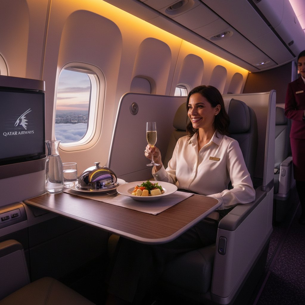 Zadowolony pasażer w klasie biznes Qatar Airways, z widocznym uśmiechem i obsługą podającą napój