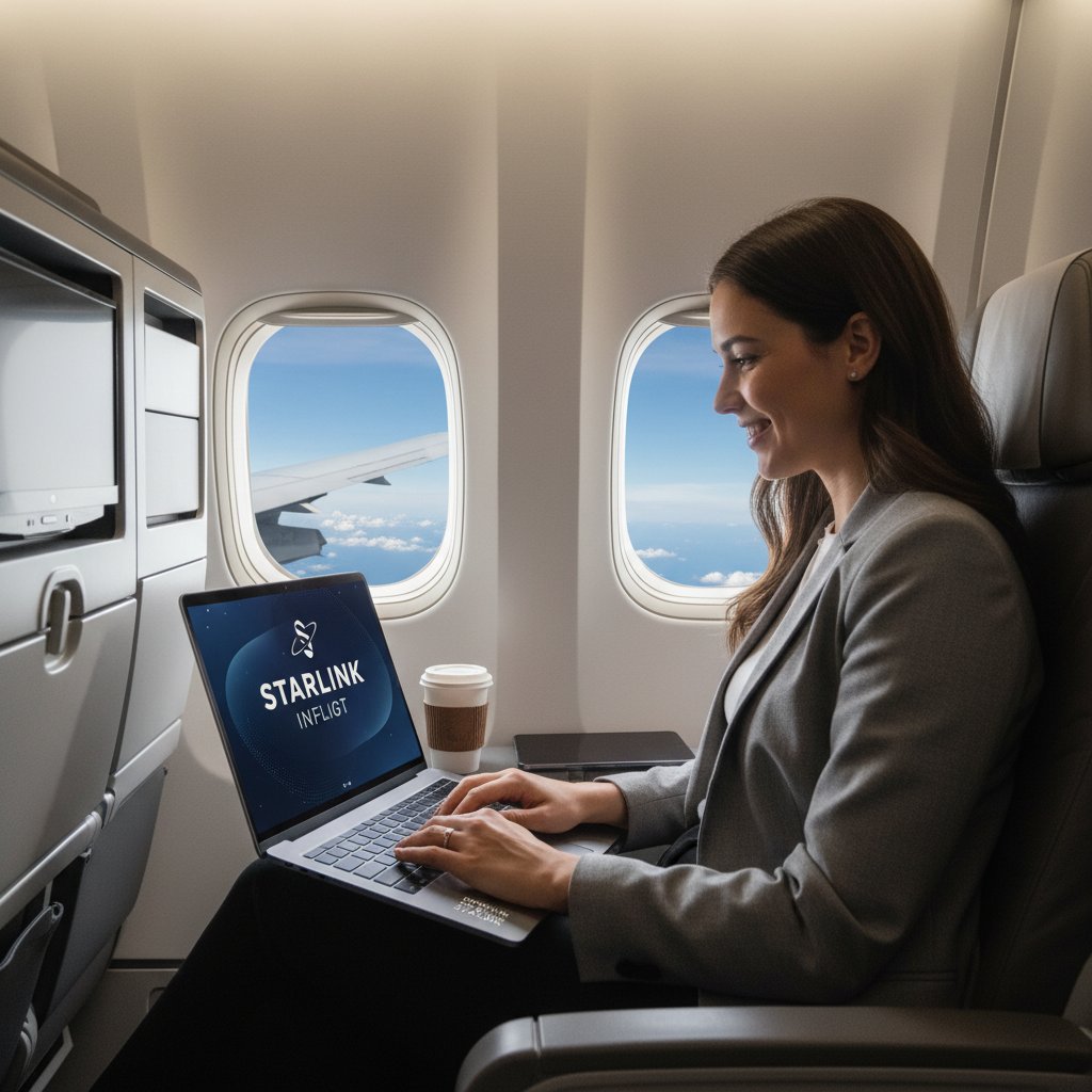 Pasażer korzystający z internetu Starlink na pokładzie samolotu Qatar Airways