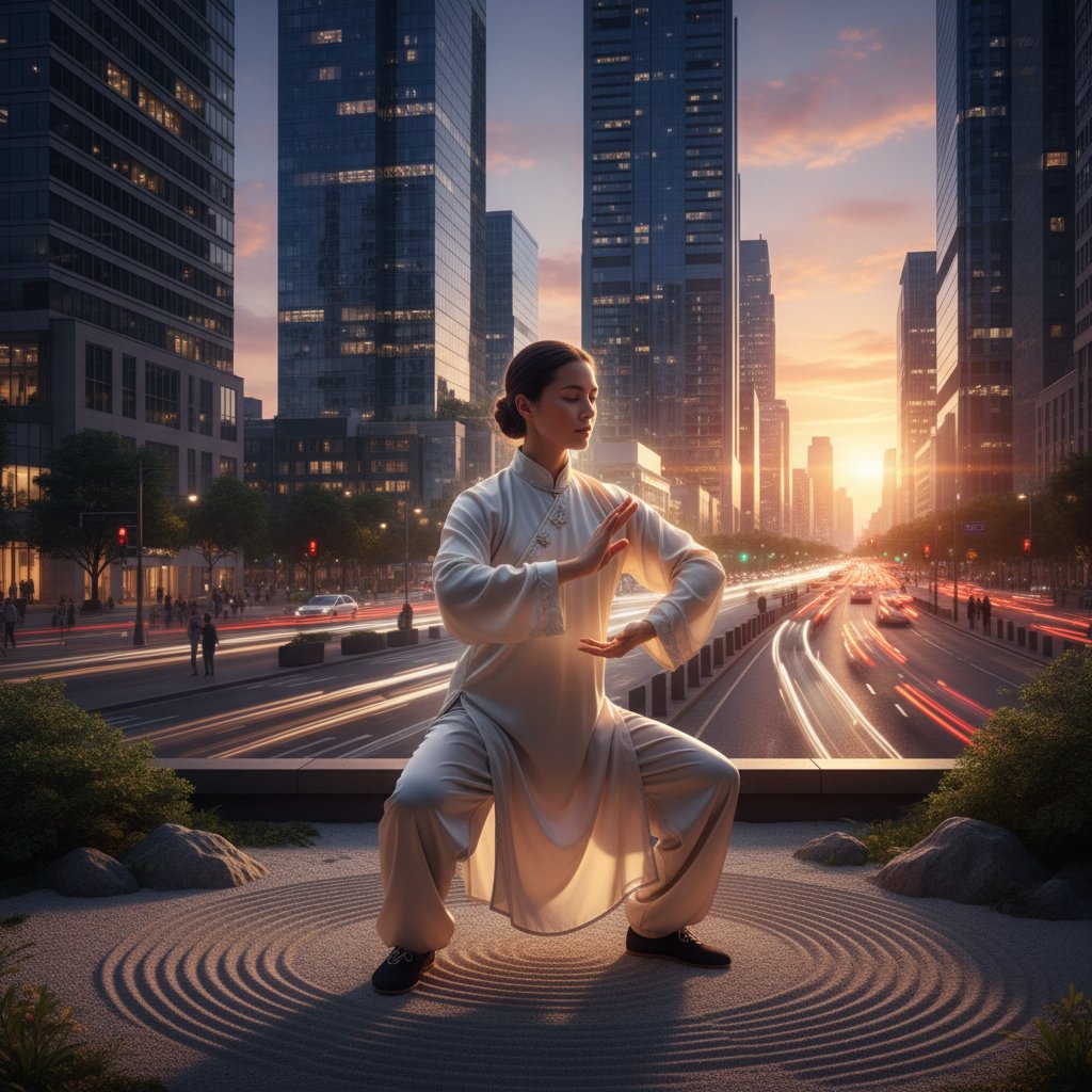 Praktyk qigong medytujący w otoczeniu miasta, spokój w chaosie, energia, kontrast nowoczesności