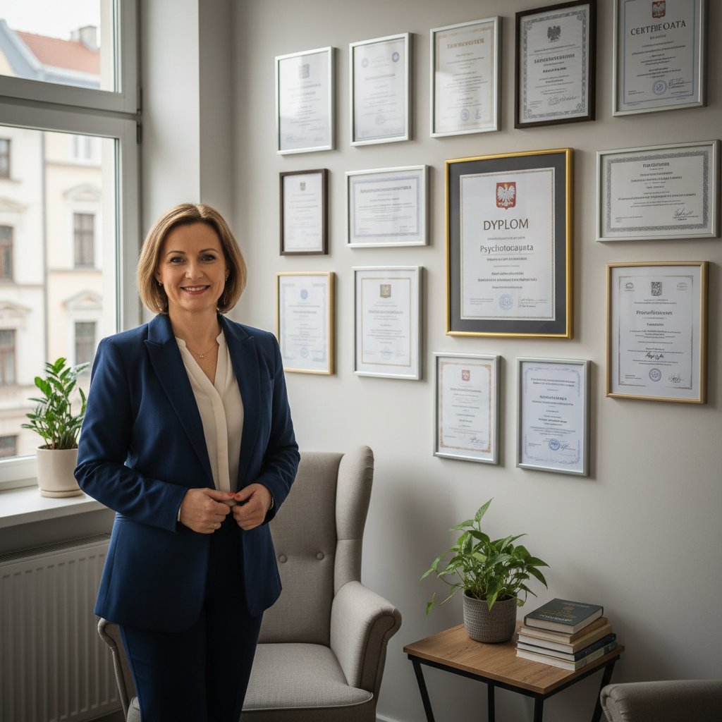 Portret wykwalifikowanego terapeuty, certyfikaty na ścianie, polska rzeczywistość