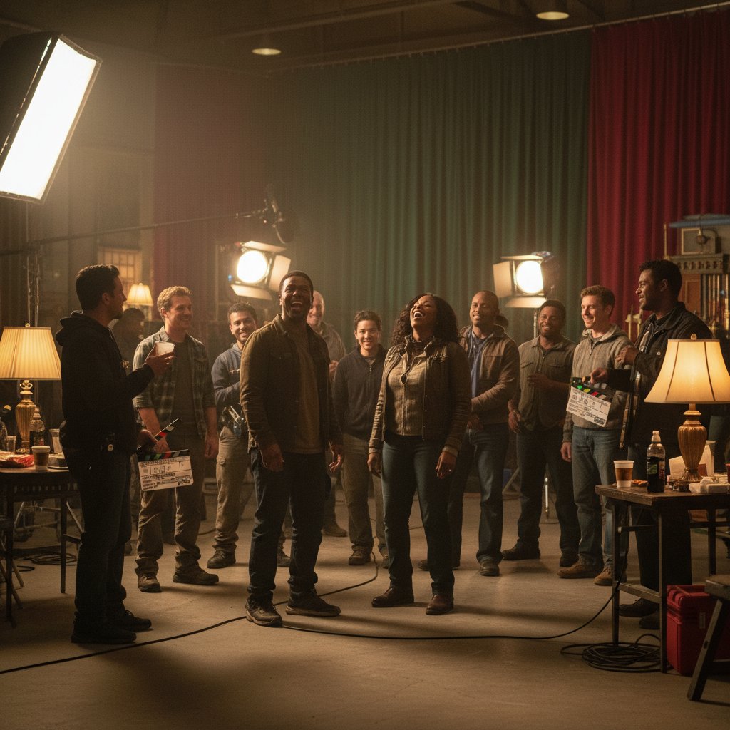 Queen Latifah behind the scenes, laughing with cast and crew