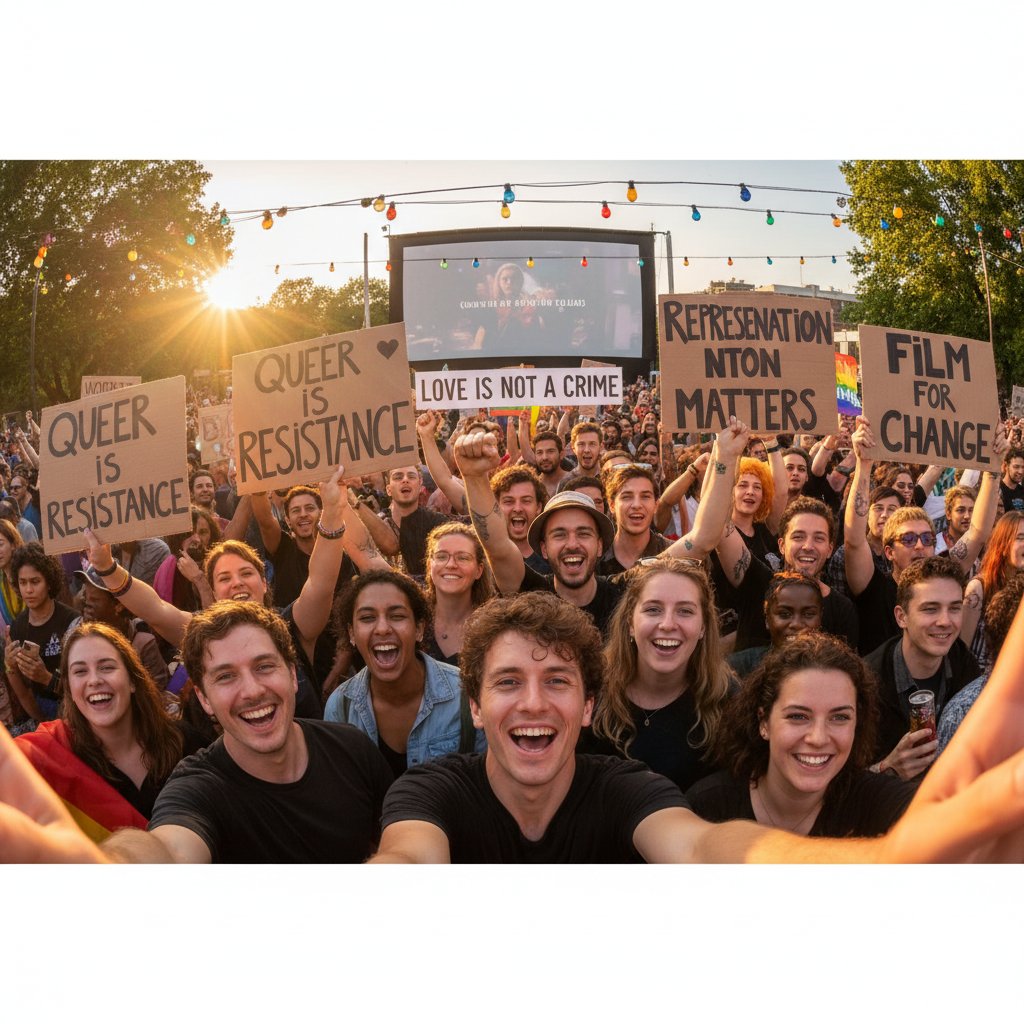 Queer audience activism: group selfie at film screening, protest signs, energetic gathering