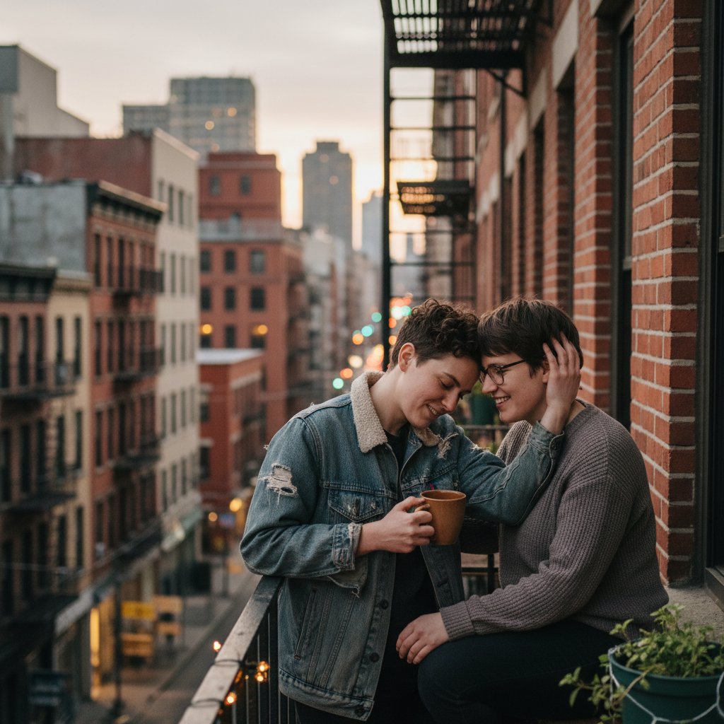 Photo of queer couple sharing a private moment, urban backdrop, authentic communication