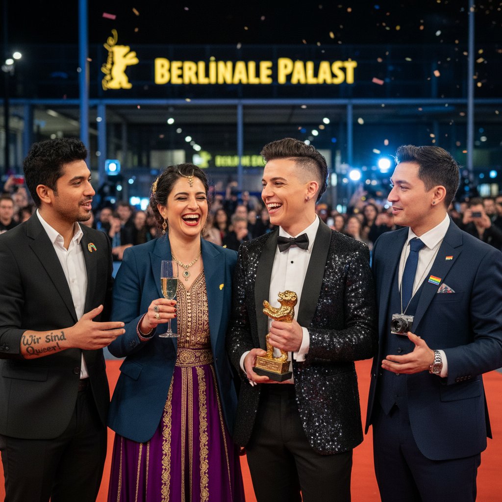 Queer and immigrant German filmmakers at a film festival, Berlin city night, emotional, authentic