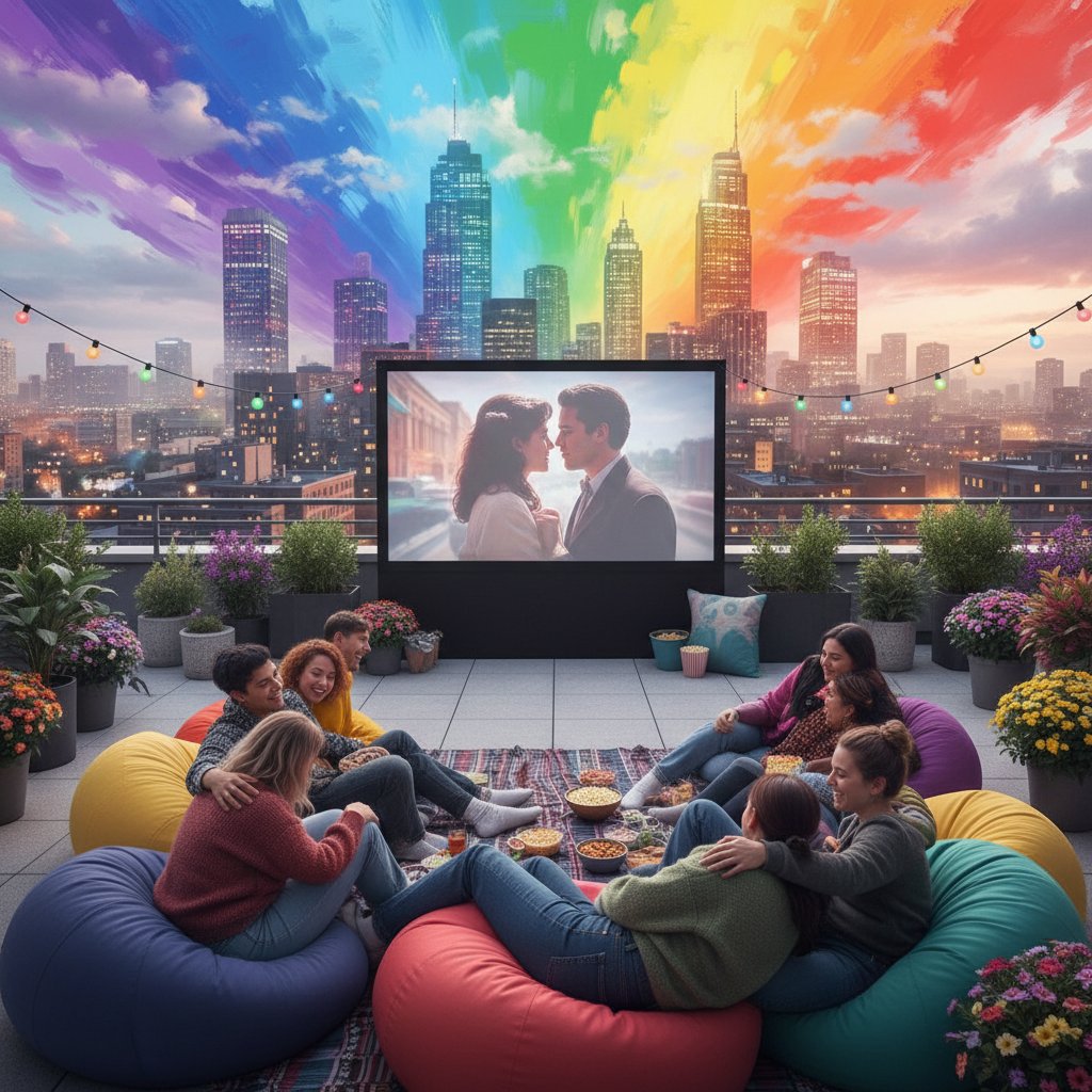 Queer joy and pain: friends laughing and embracing at rooftop movie night, cityscape, rainbow sky