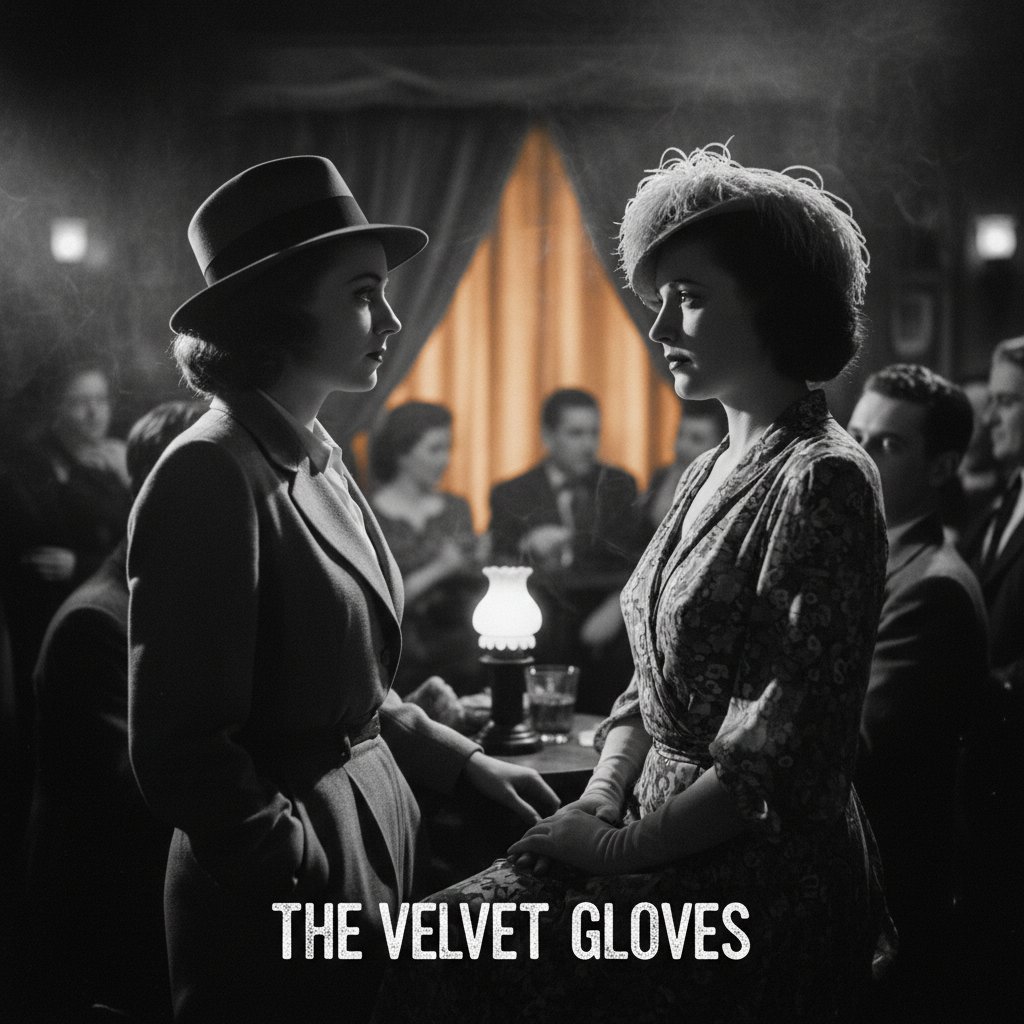 Queer subtext in film: two people exchange knowing glances, vintage movie lighting, ambiguous atmosphere