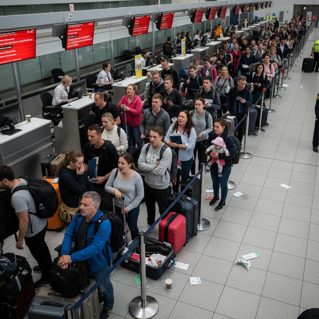 Kolejka zdenerwowanych podróżnych przy stanowisku odprawy na polskim lotnisku, chaos, emocje