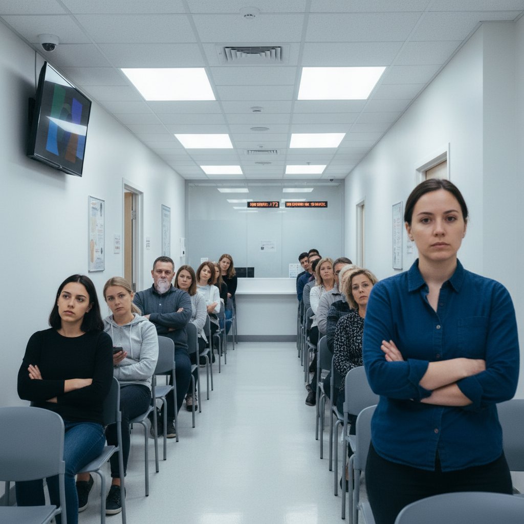 Kolejka w przychodni, ludzie czekający na badanie, atmosfera oczekiwania i niepewności