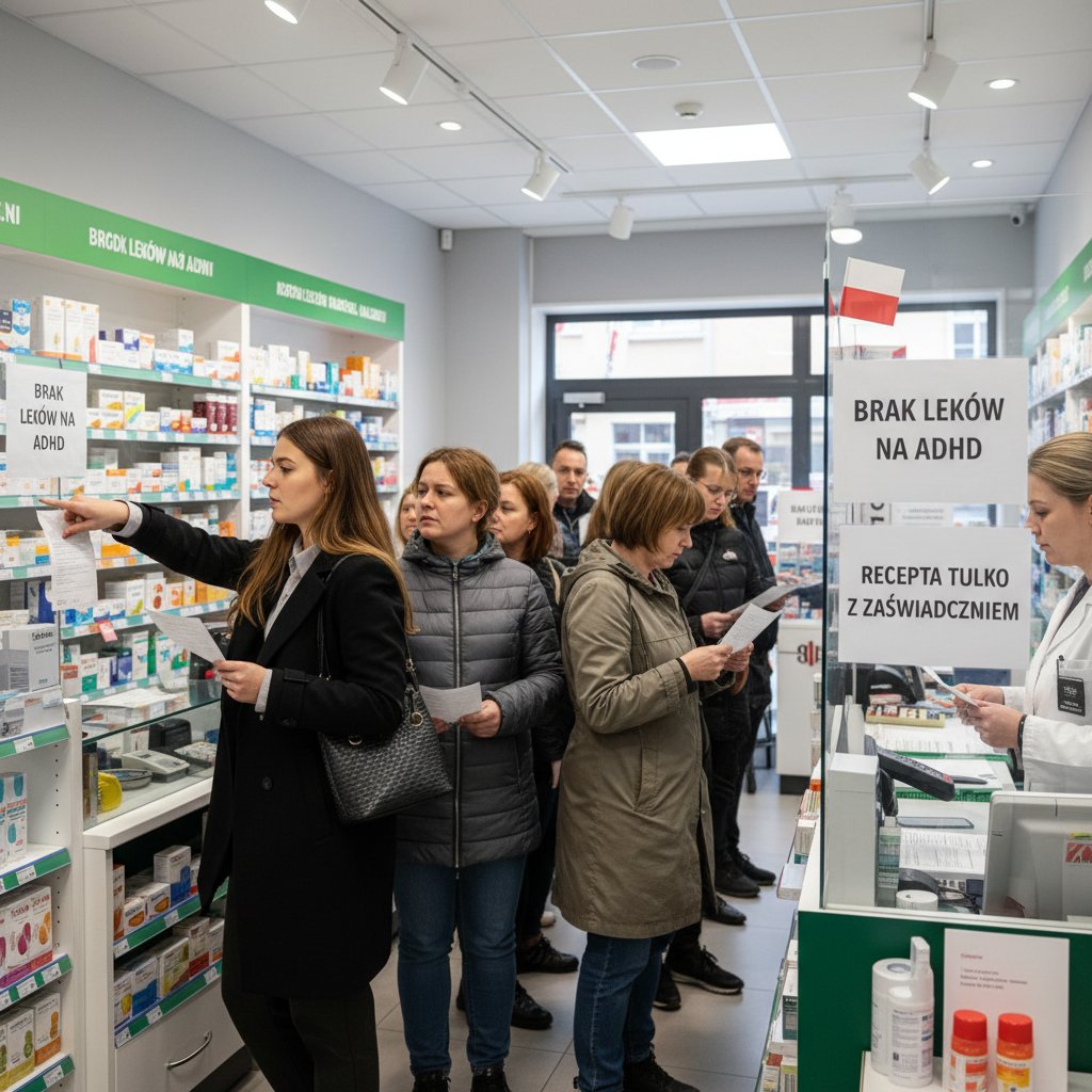 Długa kolejka do apteki – symbol barier w dostępie do leków na ADHD w Polsce