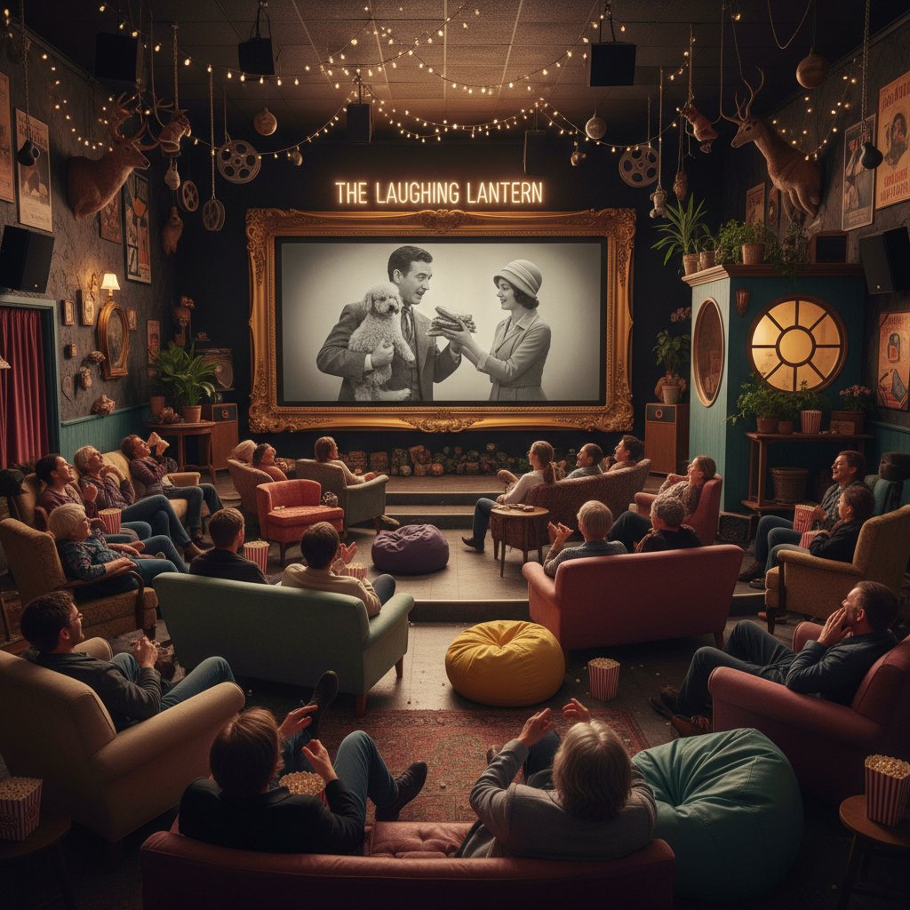 Movie screening in a small, quirky theater, audience laughing at a subtle scene, comedy marathon atmosphere