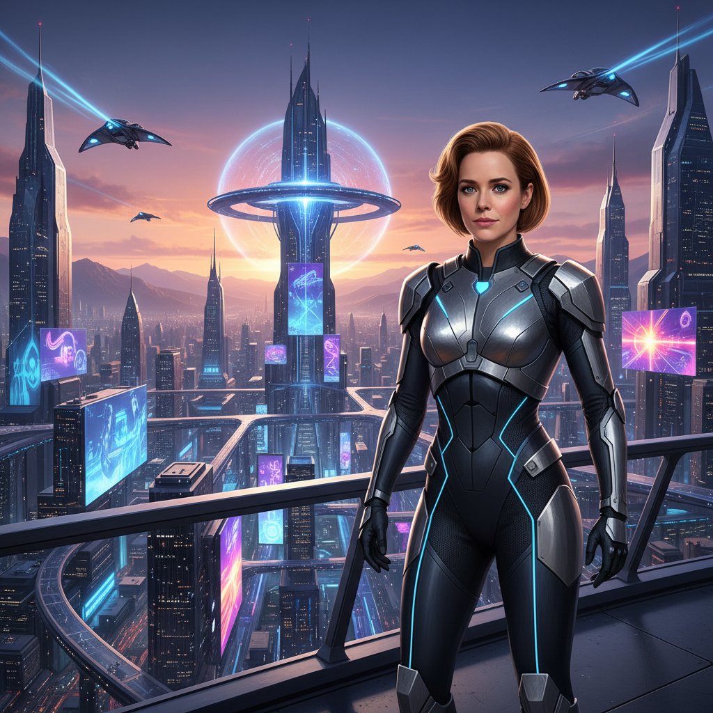 Rachel McAdams in a future-forward role, futuristic cityscape, actress silhouetted against digital billboard