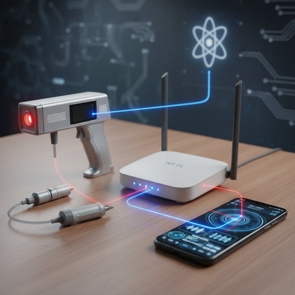 Zbliżenie na źródła promieniowania: widoczne urządzenia medyczne, router Wi-Fi i smartfon — typy promieniowania w codziennym życiu