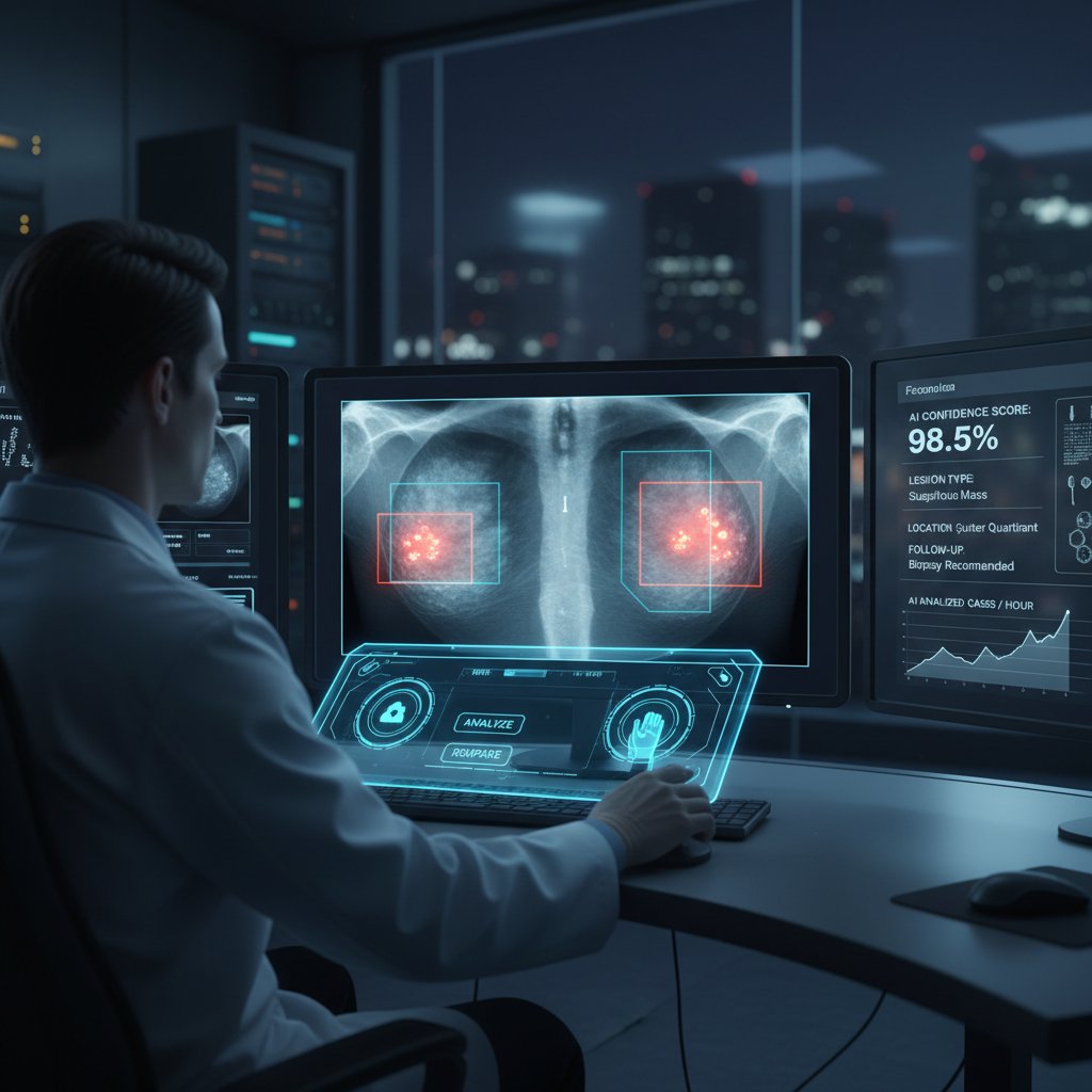 Specjalista analizuje zdjęcia mammograficzne przy komputerze z widocznym interfejsem AI, nowoczesne technologie