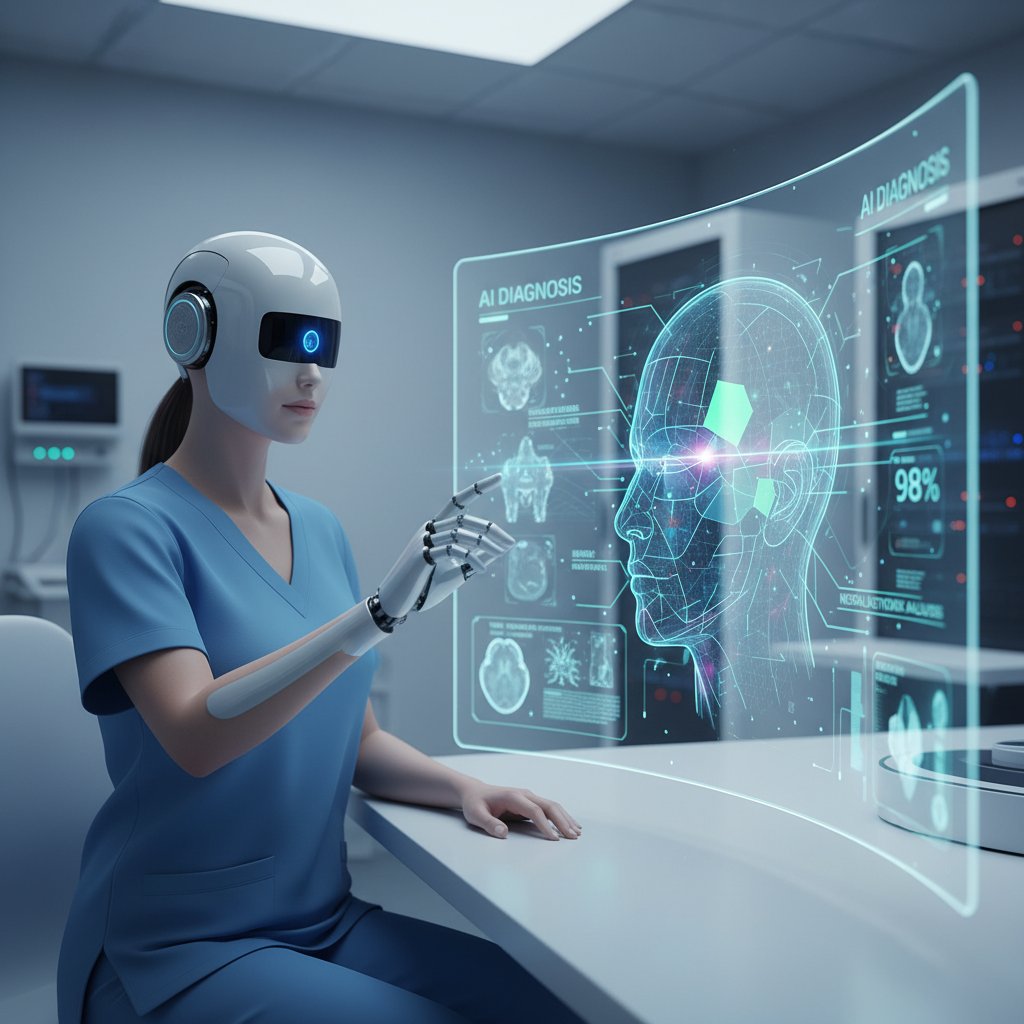 Radiolog korzystający z systemu AI do analizy obrazu MRI głowy