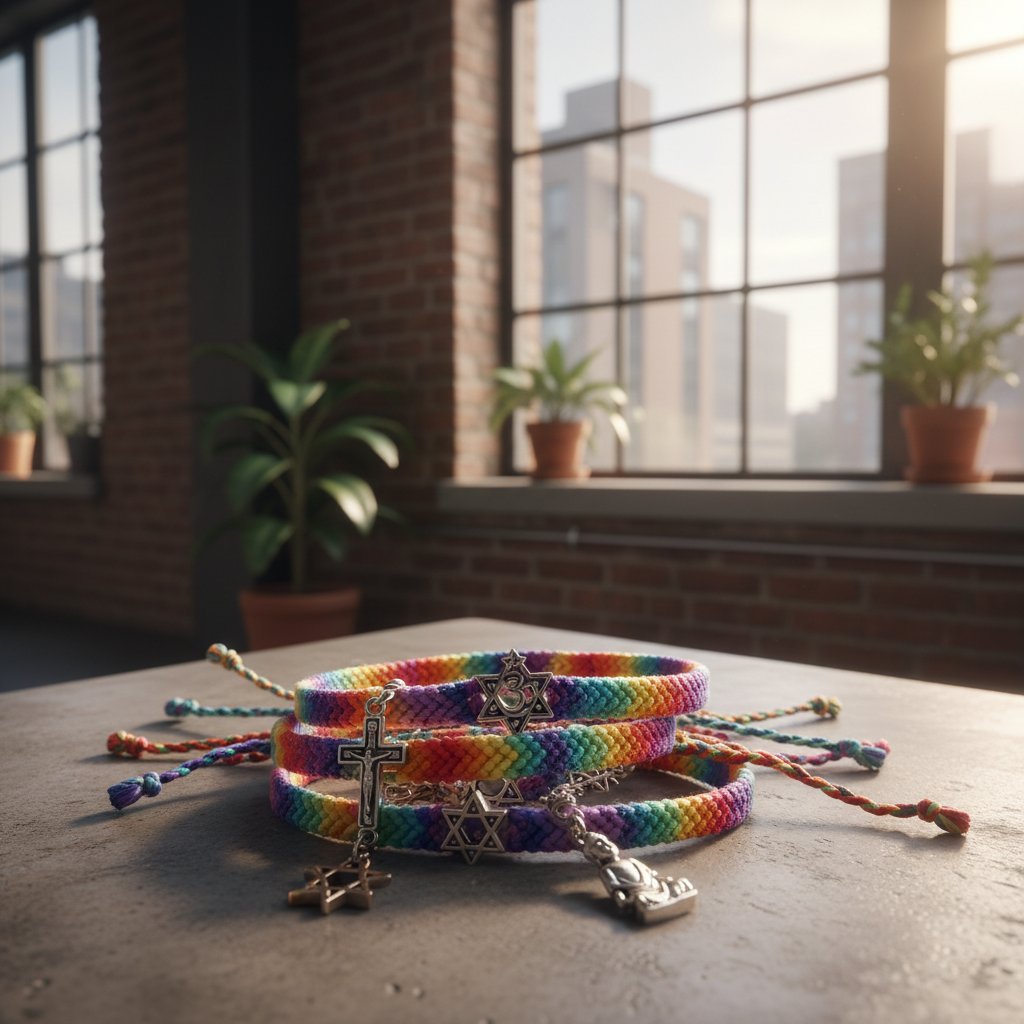 Ręce z tęczowymi bransoletkami na tle religijnych symboli, symbolizujące konflikt tradycji i nowoczesnych wartości