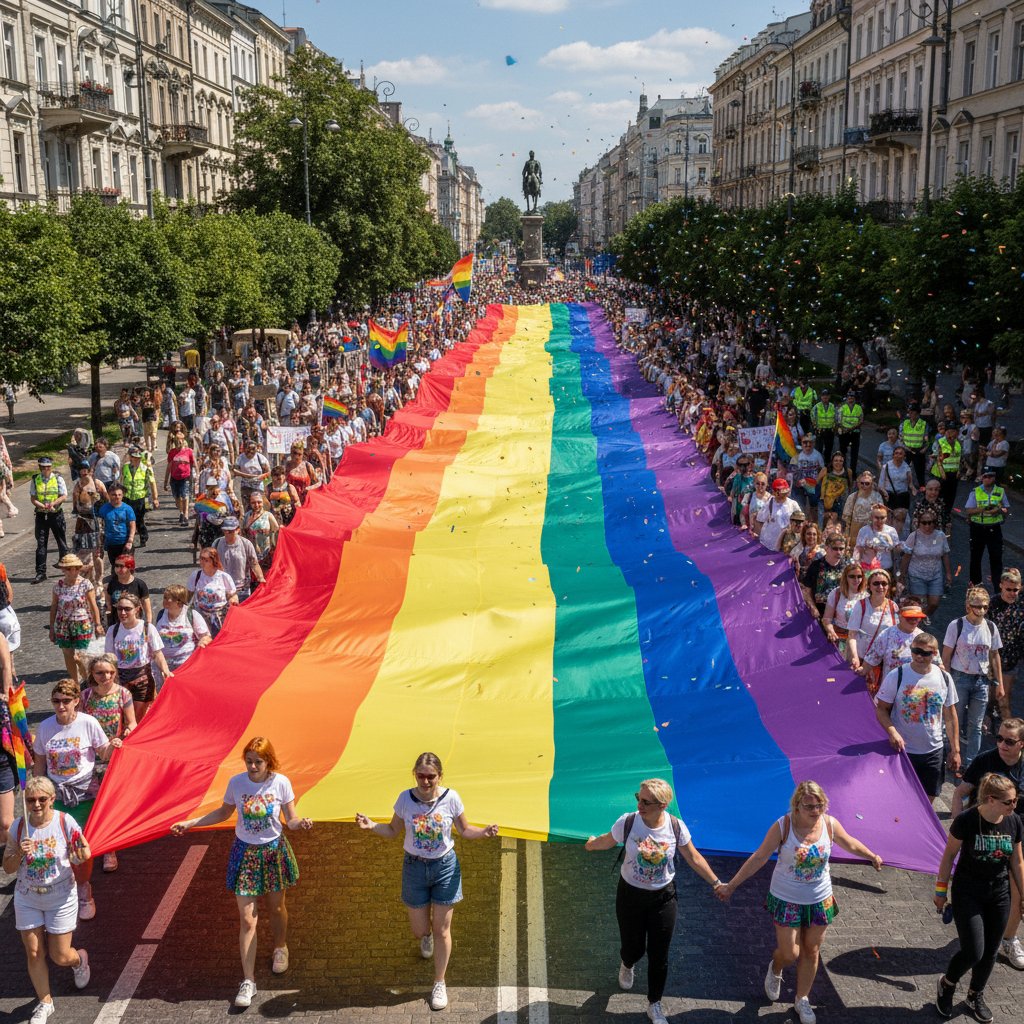 Tęczowa flaga uniesiona wysoko podczas marszu równości w Warszawie, ruch LGBT, emocje tłumu, Polska 2025
