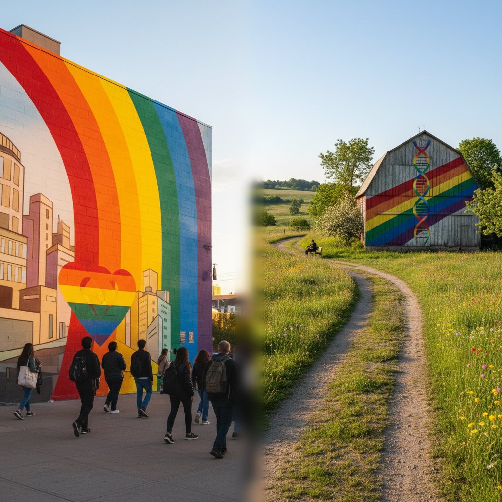 Tęczowy mural w mieście i ukryty symbol na wsi – kontrast doświadczeń