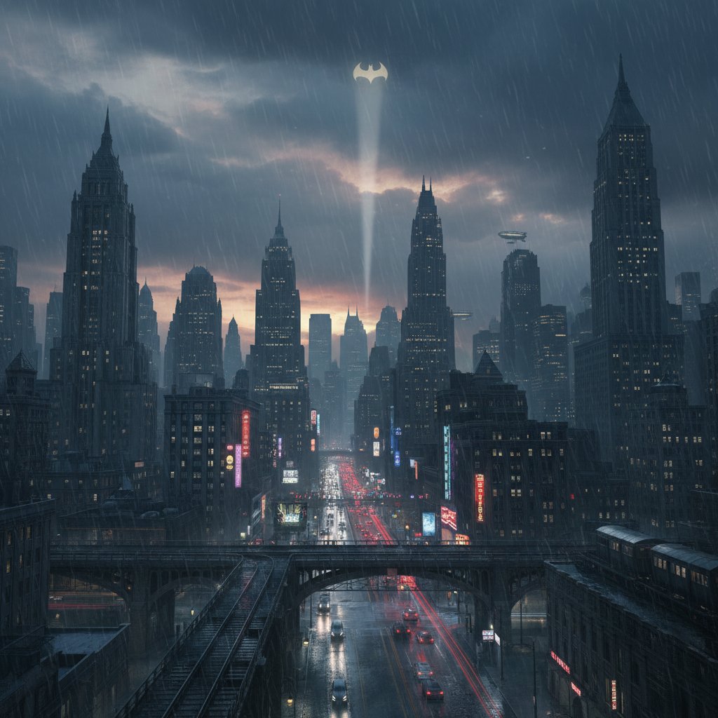 Rainy dusk over Gotham cityscape