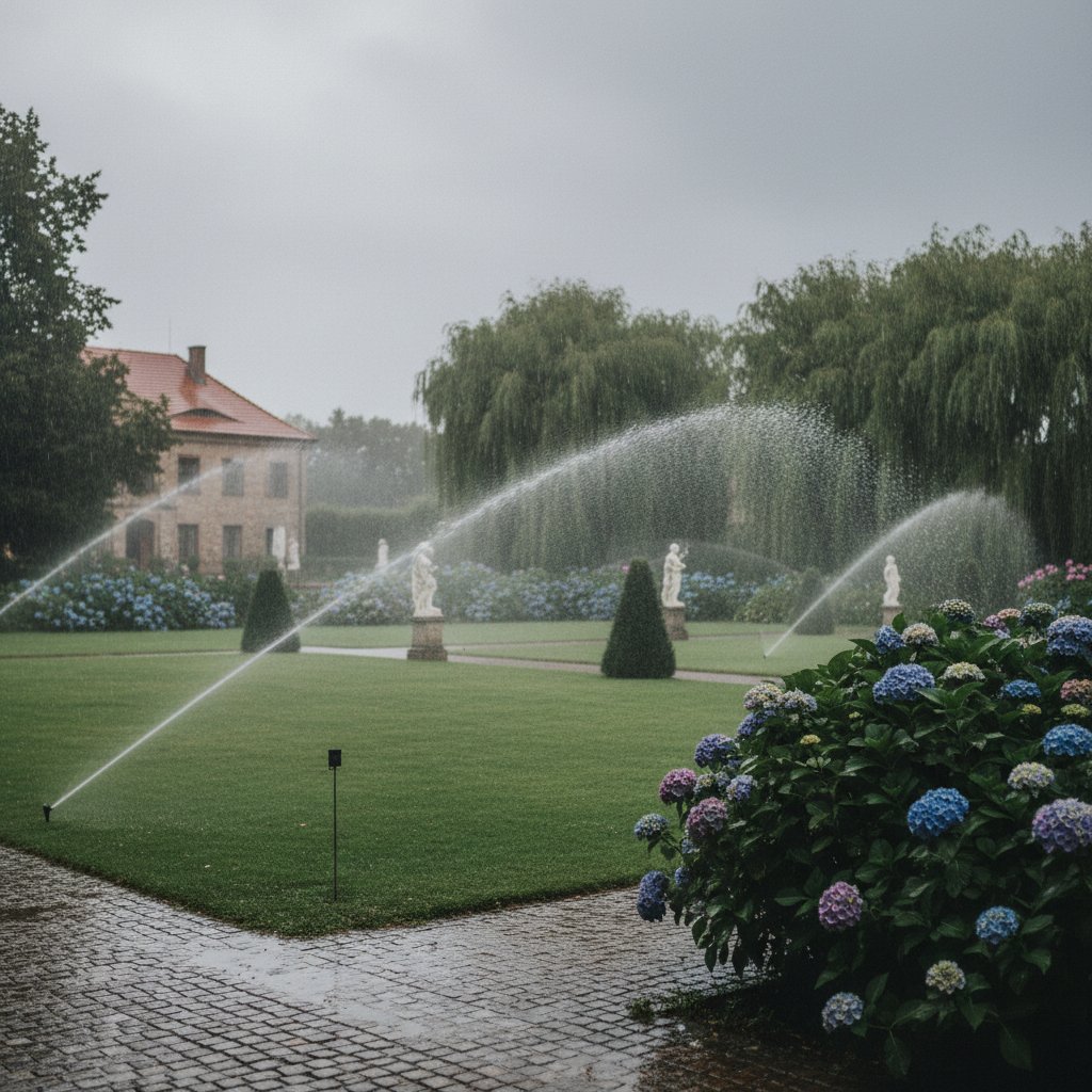 Deszczowe niebo nad polskim ogrodem, widoczne zraszacze i mokra trawa