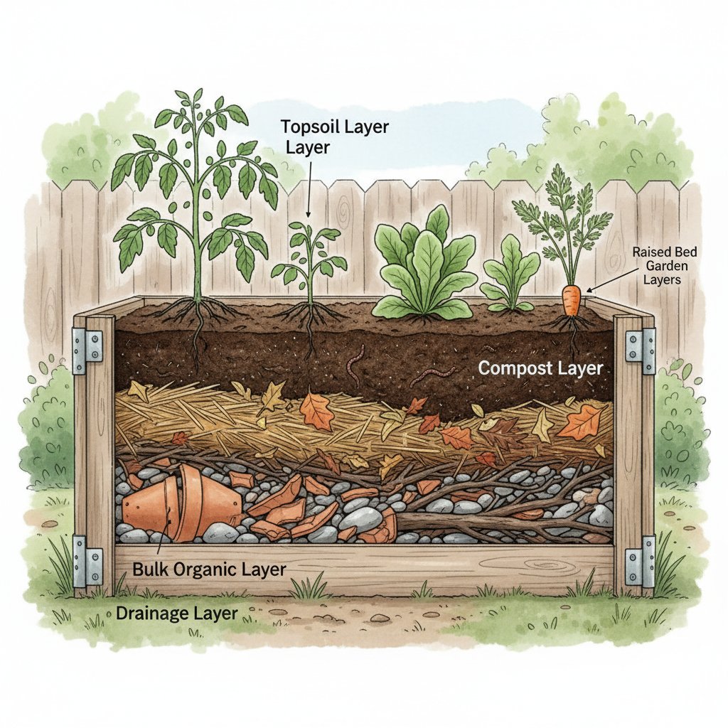 Przekrój podniesionej grządki z warstwami ziemi – przykład prawidłowego wypełnienia