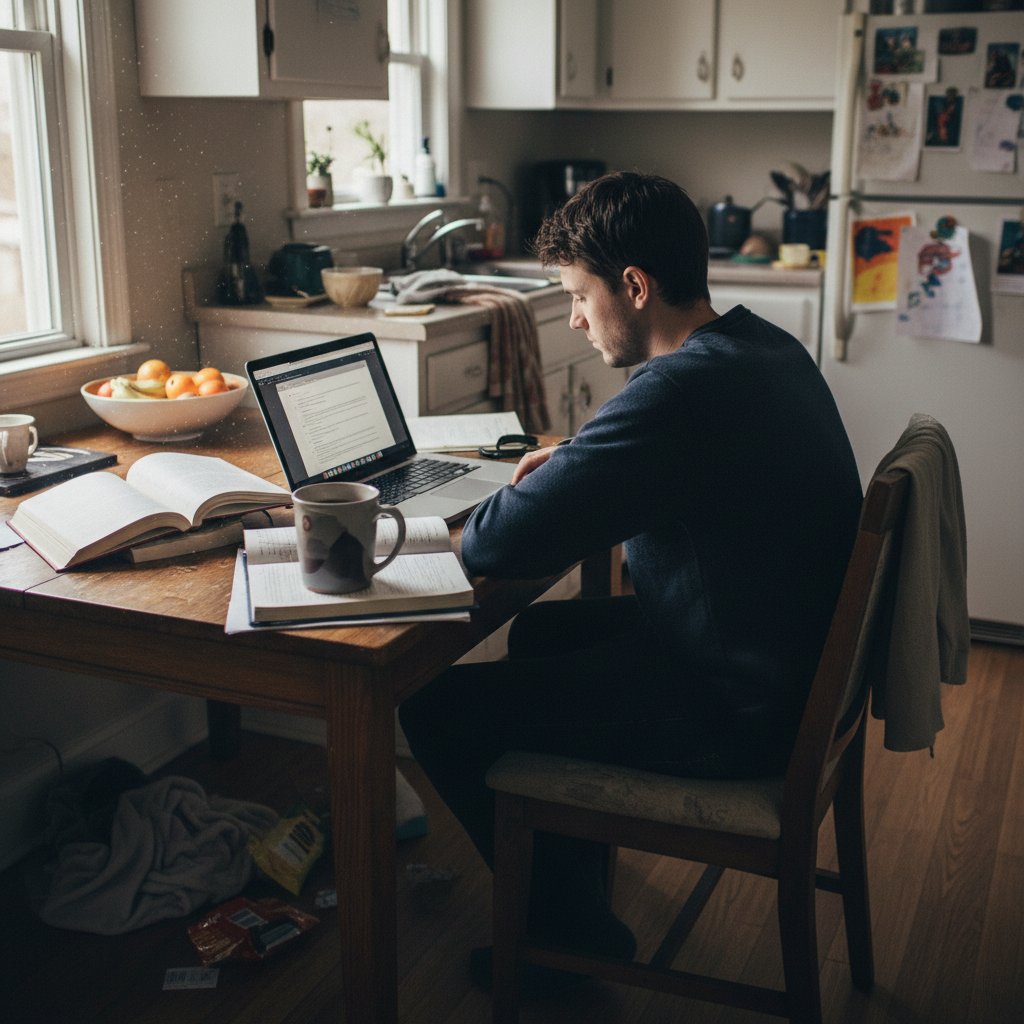 Przypadkowo urządzone stanowisko pracy przy stole kuchennym, kubek kawy, zgarbiona sylwetka