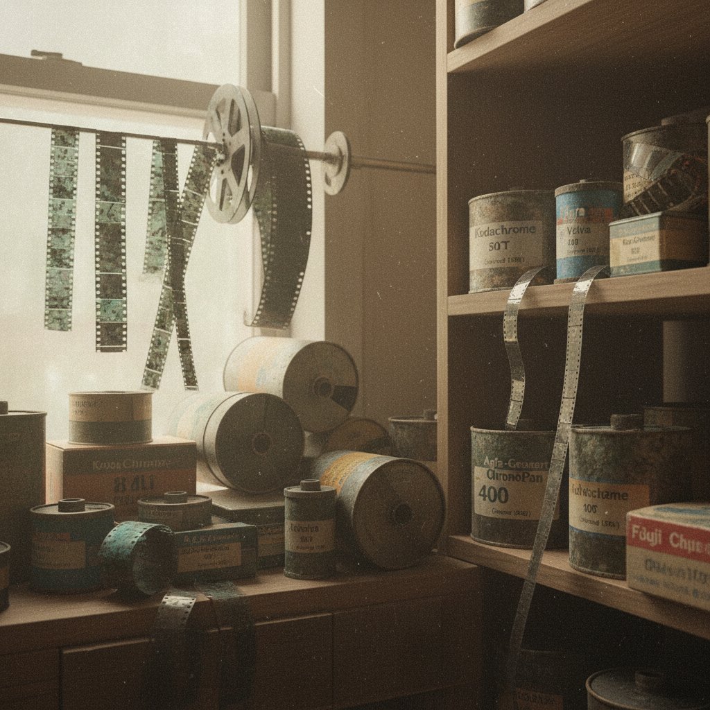 Stack of rare expired movie film stocks in a collector’s archive, gritty textures and faded labels