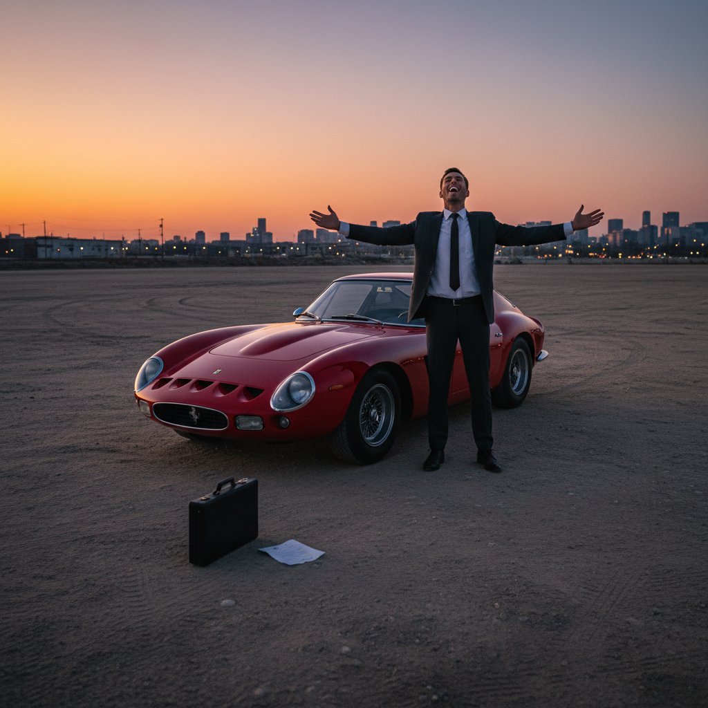 Cinematic shot of rare sports car with buyer posing for photo on empty lot, victorious mood