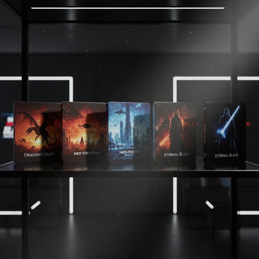 Close-up of rare steelbook editions with dramatic lighting, 16:9.