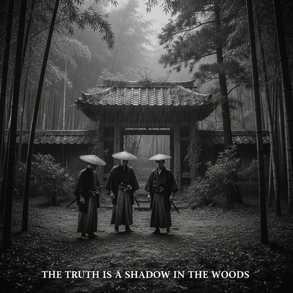 Stylized photo referencing Rashomon: figures in a rain-soaked forest, light fractured