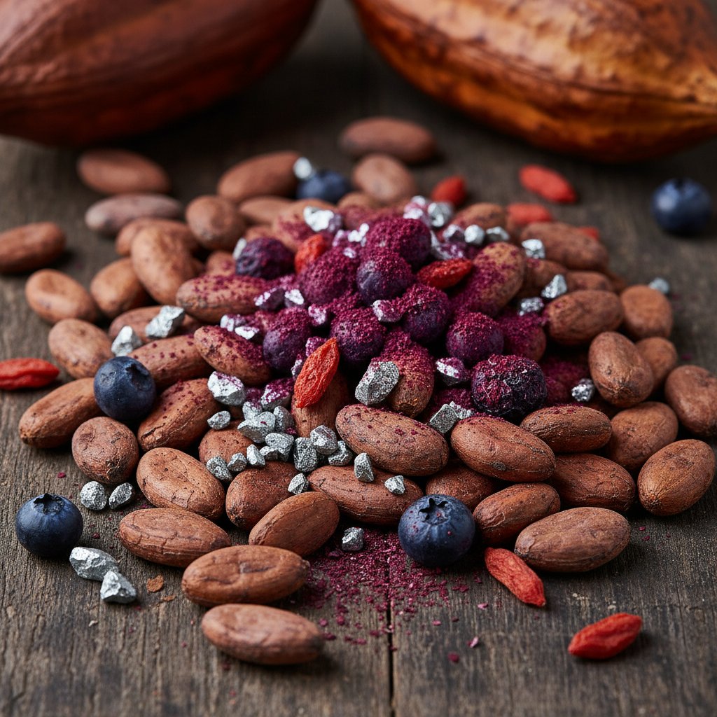 Surowe ziarna kakao, proszek, rozłożone na drewnianym stole – zdrowe składniki