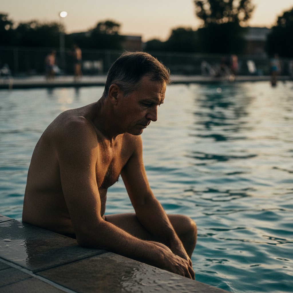 Mężczyzna w średnim wieku siedzi na brzegu basenu publicznego, zamyślony, dramatyczne oświetlenie – historia Marka