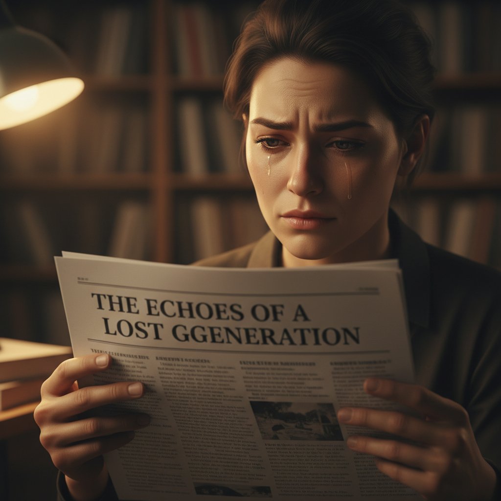 Zbliżenie na twarz czytelnika reagującego emocjonalnie na tytuł artykułu