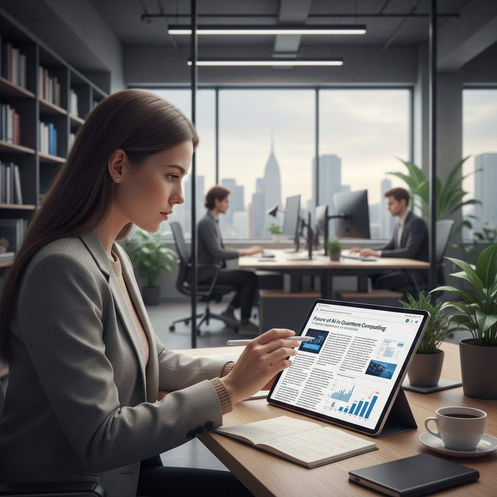 Czytelnik zafascynowany artykułem, zaangażowanie, nowoczesny wystrój biura