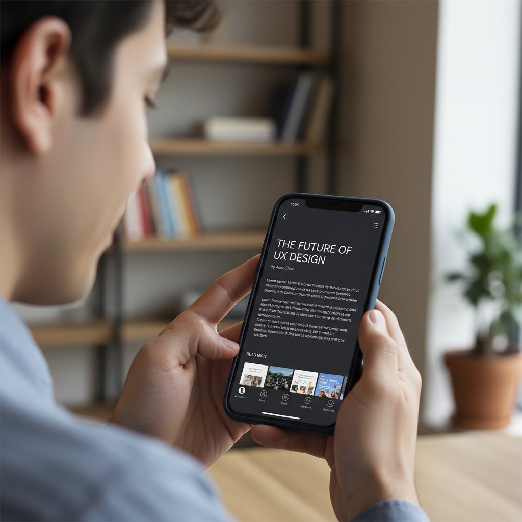 Czytelnik przeglądający artykuły na smartfonie, skupiający się na czytelności i responsywności