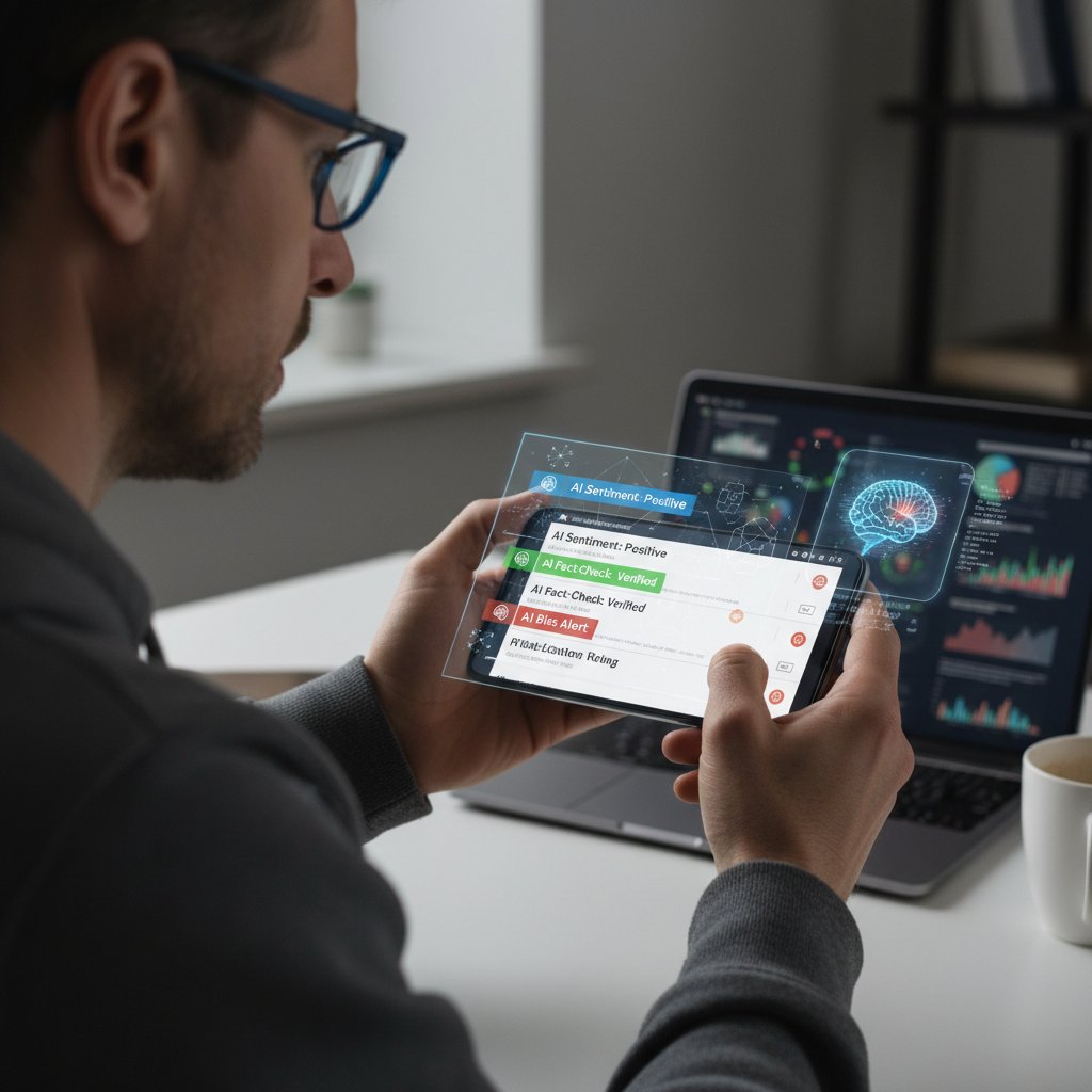 Over-the-shoulder photo of a reader evaluating AI-generated news on a mobile device