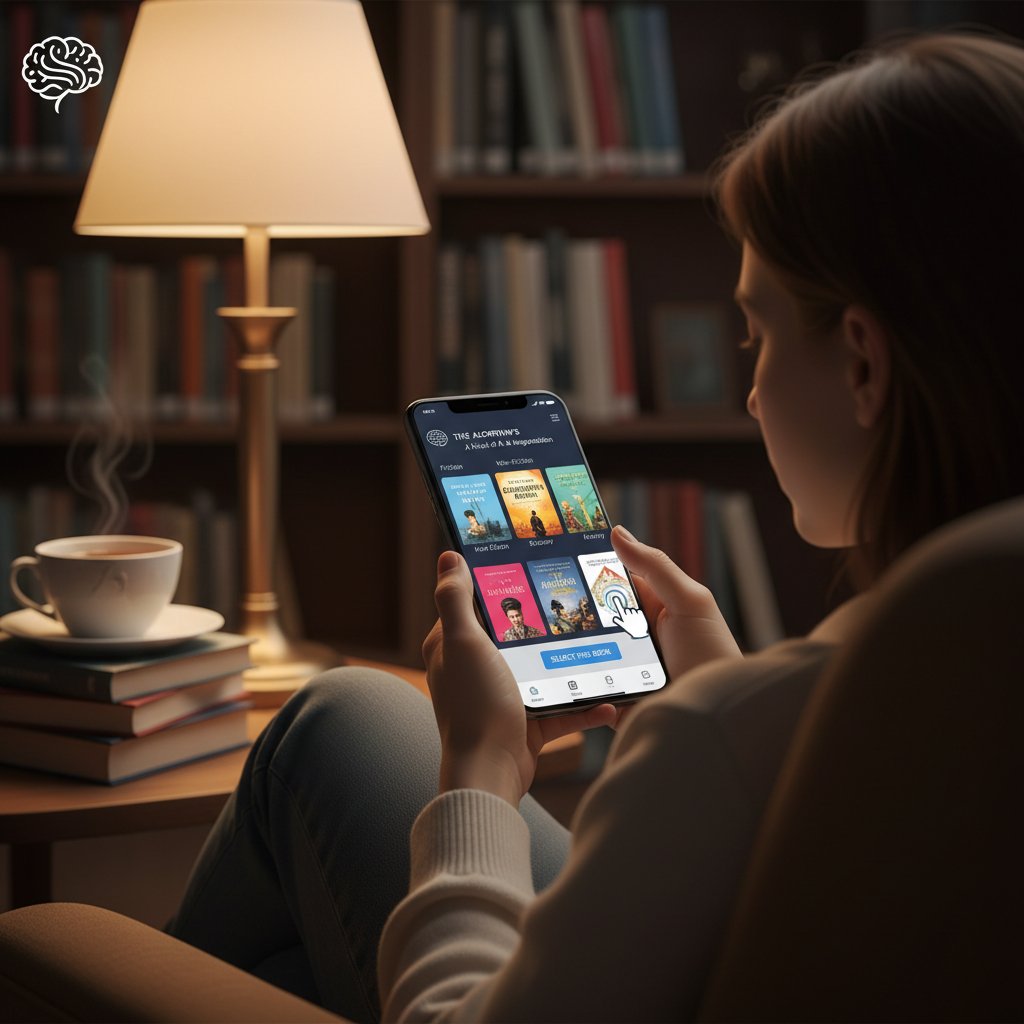 Czytelnik korzystający z aplikacji mobilnej AI do wyboru książki