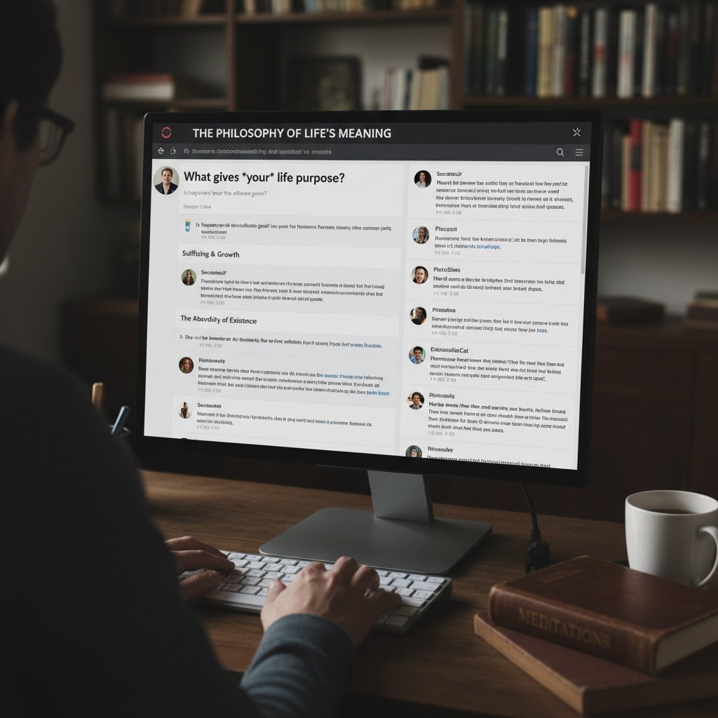 Użytkownicy komputera czytający filozoficzny wątek o sensie życia