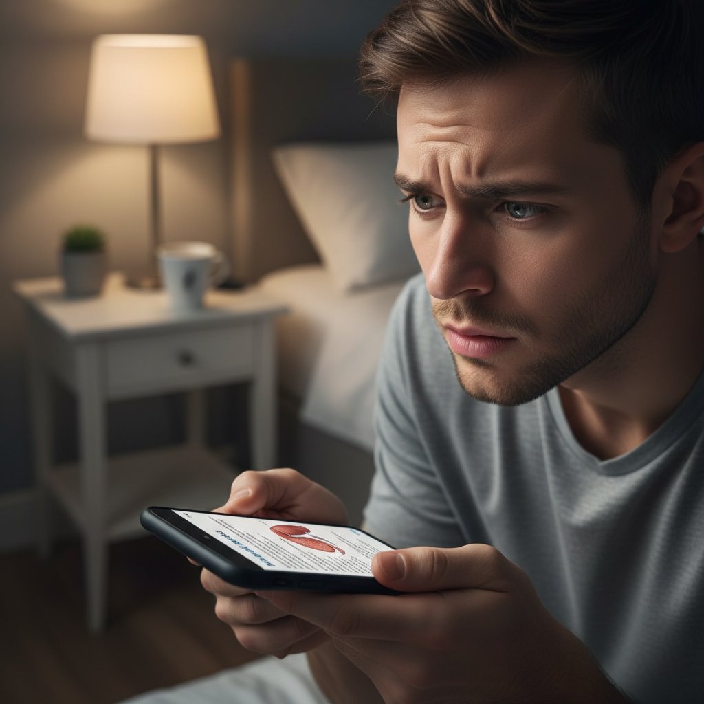 Zdjęcie osoby czytającej artykuł medyczny na smartfonie, wyraz twarzy zaniepokojenia