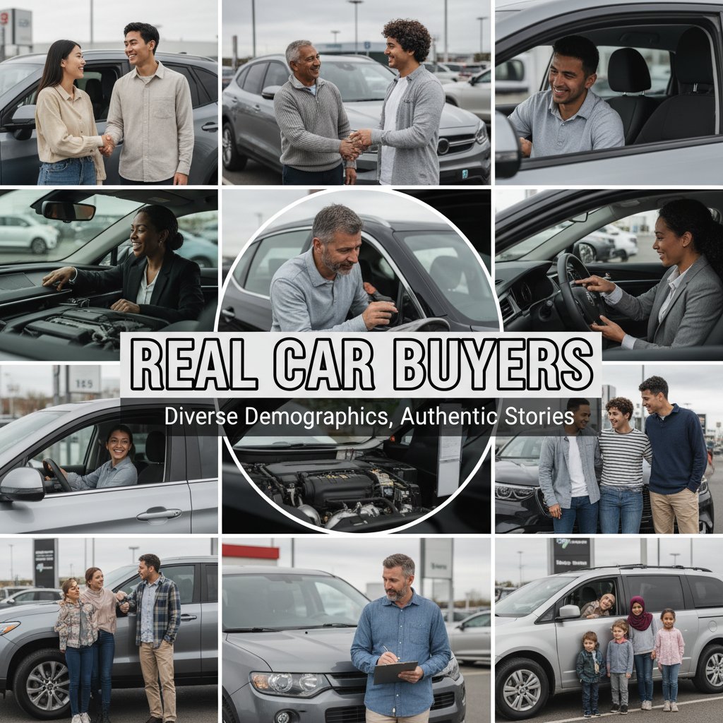 Collage of real car buyers in candid settings, representing diverse car buyer profiles in 2025